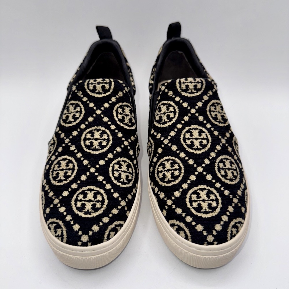 Tory Burch Monogram Soft Embossed Sneakers Women's Size 7.5 Black Chenille - Picture 3 of 13